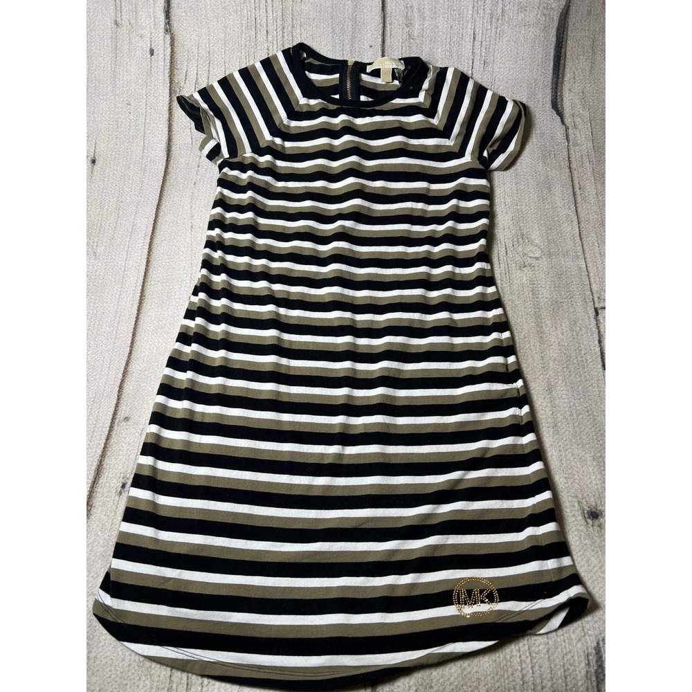 Michael Kors Striped T-Shirt‎ Dress Women XS Olive Black White Minimalist Preppy